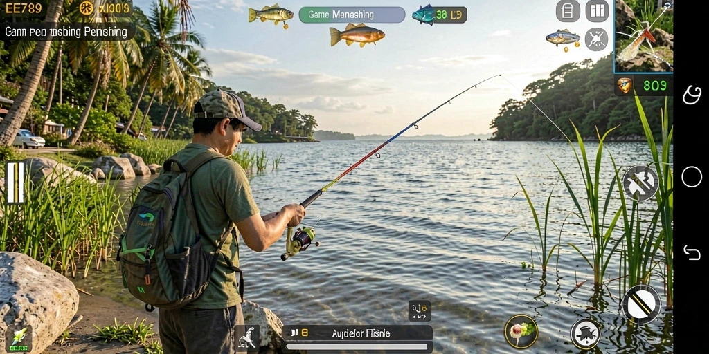 Tampilan gameplay yang menampilkan aksi memancing seru di EE789.
