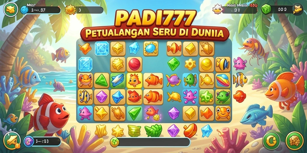 Screenshot utama PADI777 menampilkan gameplay Match-3 yang seru dan menantang.