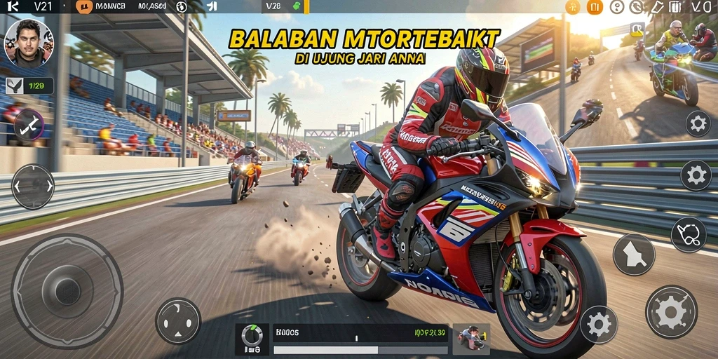 Tampilan gameplay balapan motor yang seru dan menegangkan.